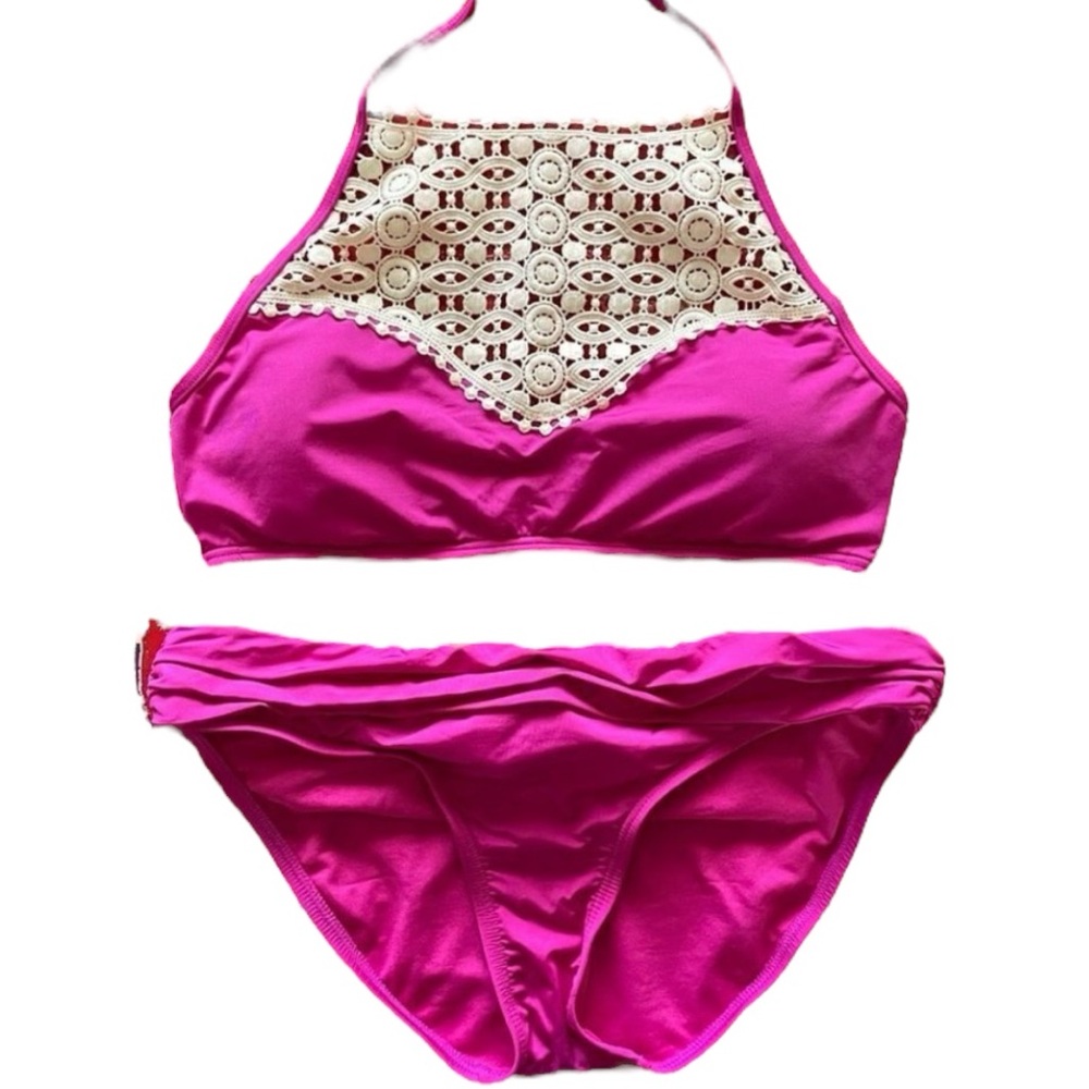 Kenneth Cole Reaction Pink High Neck Crochet Bikini